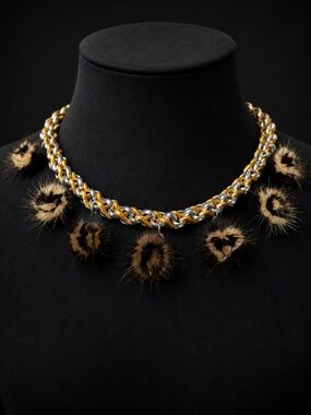 Mixed Metal Chain Necklace with Brown Fur Pom Accents